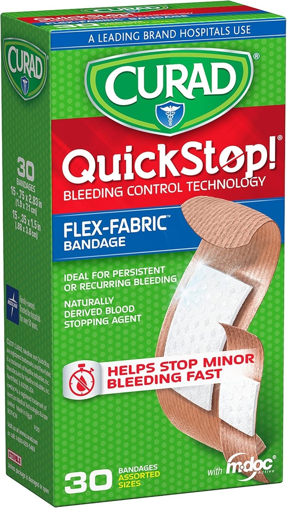 CURAD QuickStop Bleeding Control Bandas de tela flexibles, tamaños surtidos, 30 cuenta