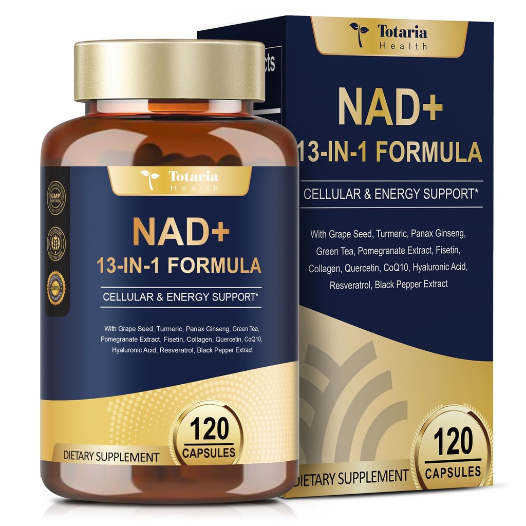 Totaria NAD Suplemento para Mujeres Hombres con resveratrol riboside nicotinamide,Quercetina, Betaine Boost NAD+ Niveles NAD Plus Suplemento para Anti envejecimiento, energía, inmune, Focus 120 cápsulas