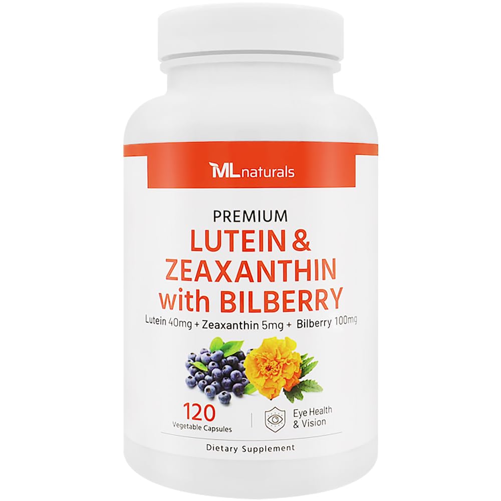 ML Naturals Premium Lutein " Zeaxanthin with Bilberry 120 Vegetable Capsules. Lutein 40 mg, Zeaxanthin 5 mg, y Bilberry 100 mg. Calidad Premium. Ojos saludables " Visión, NSF-Certified " CGMP-Compliant