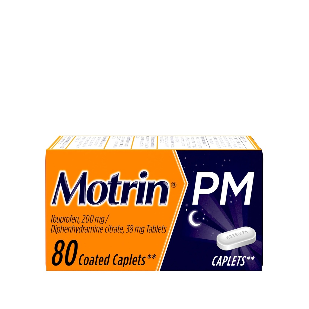 Motrin PM Caplets con 200 mg Ibuprofeno &amp; 38 mg Diphenhydramine Sleep Aid, Nighttime Pain Reliever for Minor Aches ' Pains, Bulk, 80 ct