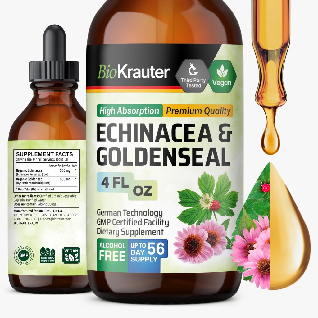 BIO KRAUTER Echinacea and Goldenseal Root Liquid Extract - Natural Immune Support - Echinacea Drops with Goldenseal - Vegan, Alcohol &amp; Sugar Free Tincture - 4 Fl.Oz.