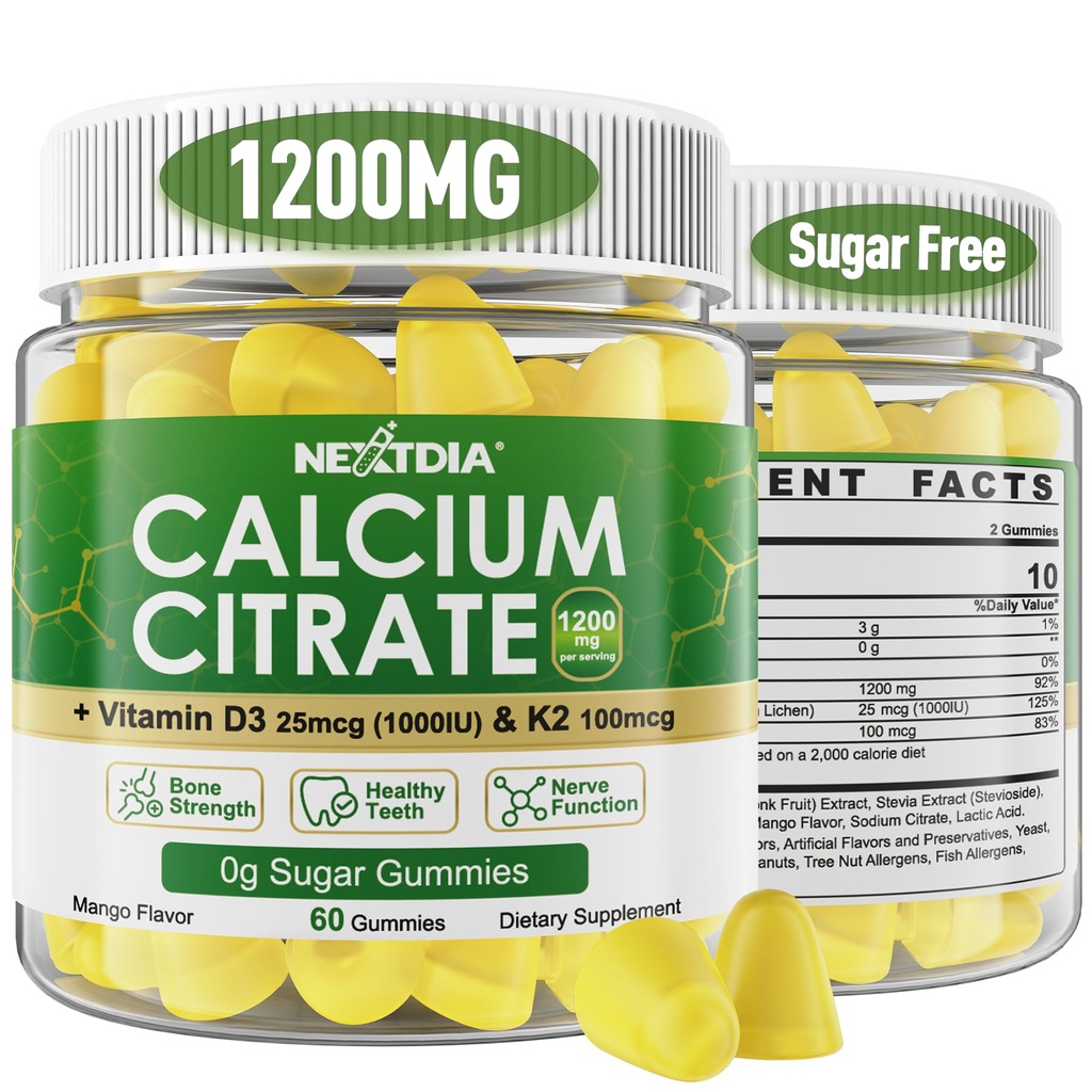 Calcium Citrate Gummies 1200mg con vitamina D3 K2, suplementos de calcio Chewable para hombres y mujeres, soporte de alta potencia B0ne, Te*th, Strength &amp; Immune Health, Mango Flavor, Non-GMO, Sugar Free, 120 Cts
