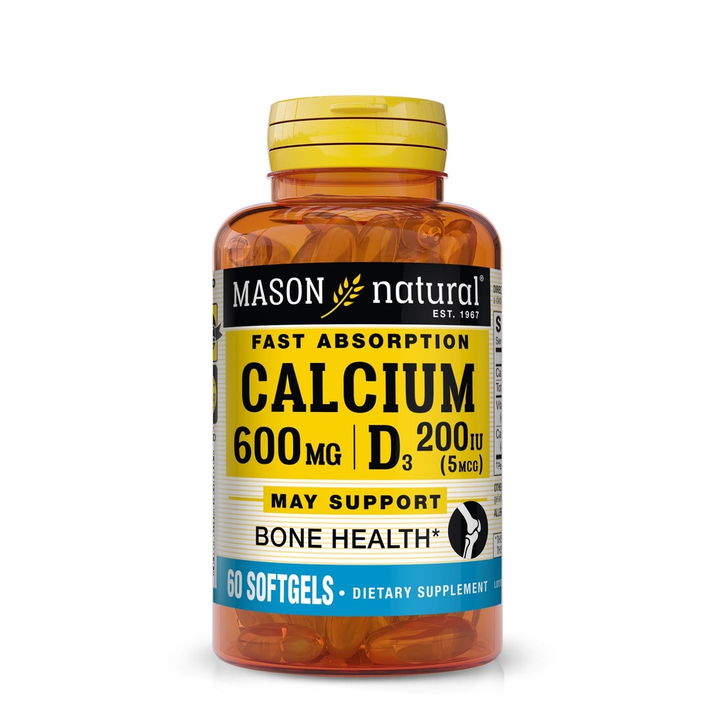 MASON NATURAL Absorción rápida Calcio con vitamina D3 - Fortalece la función muscular, apoya los huesos saludables y la salud general, 60 Softgels