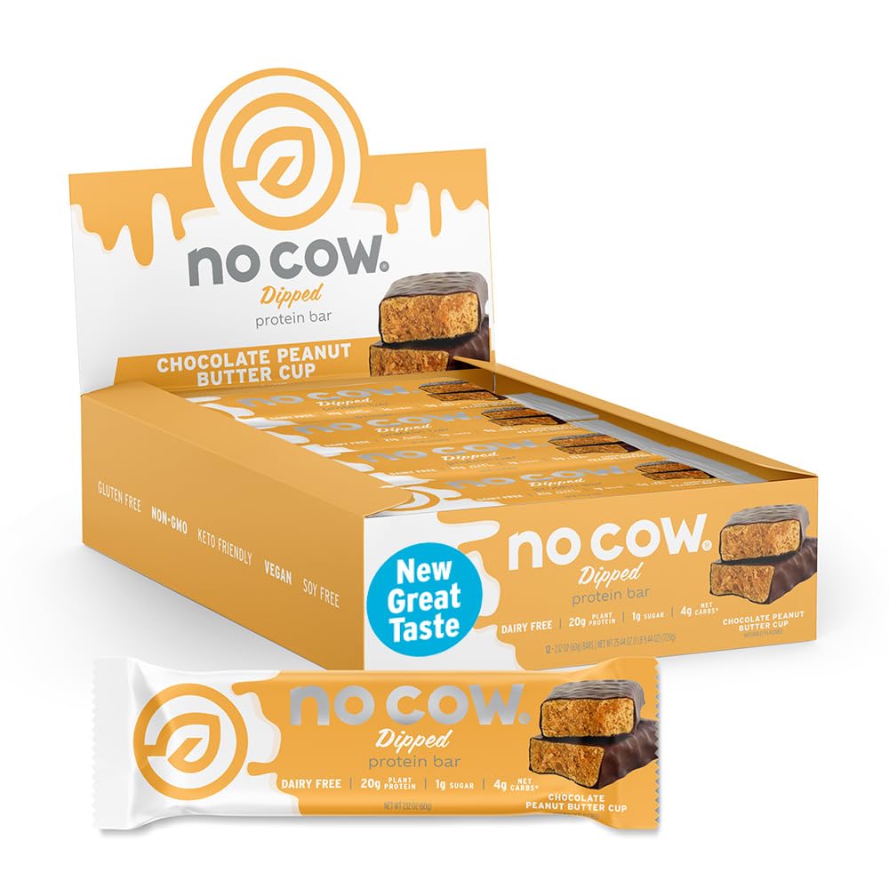 Sin vacas barras de proteína vegana, Copa de mantequilla de cacahuate de alta calidad, Proteína basada en la planta 20g, libre de gluten, libre de lácteos, libre de soja, Keto Friendly, bajo azúcar, barras de alta fibra de 12