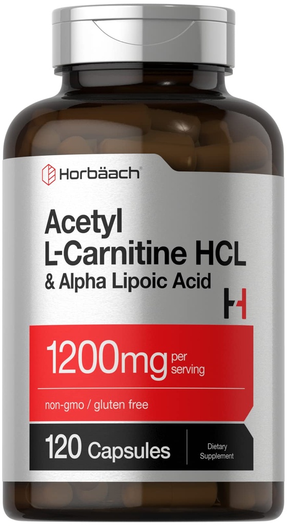 Horbäach Acetyl L Carnitine HCL & Alpha Lipoic Acid 1200mg  120 Capsules ← ALC ALA Complex ← Non-GMO &amp; Gluten Free Supplement