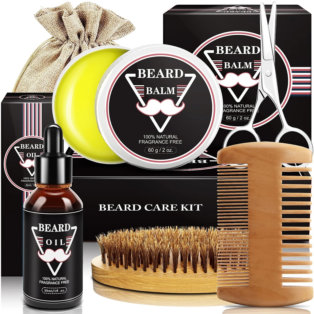 ABUDICS Regalos para Hombres, Beard Kit, Beard Grooming Kit w / Beard Aceite barba Balm Beard Brush Beard Comb Beard Tijeras de barba, Regalos para papá esposo Él Niño