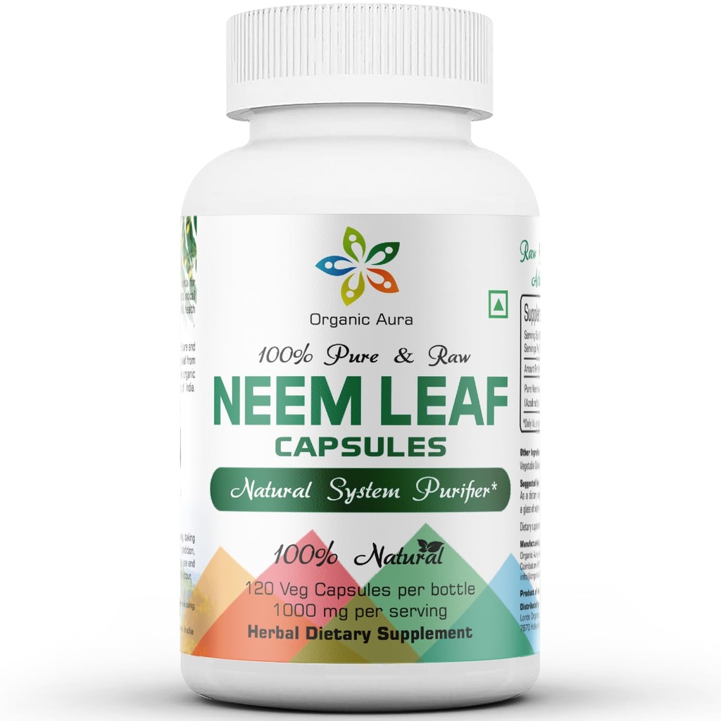Organic Aura Neem Capsules. 100% Puro y Potente. Raw Green Whole Superfood. Hecho con hojas enteras de neem. Agente de desintoxicación del milagro.