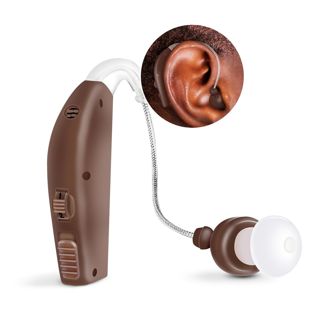 MSA 30X Detrás del amplificador de sonido del oído, amplifica el sonido 30 veces, ligero, virtualmente invisible, cómodo, volumen ajustable, carga rápida, marrón, 1ct