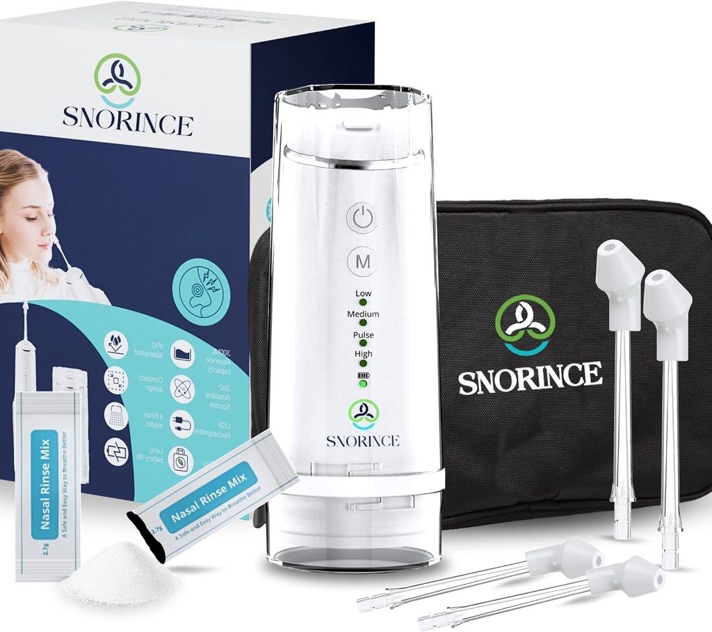 Nasal Irrigation System for Sinus Relief - Portable Cordless Electric Neti Pot Nose Cleaner - Sinus Flush Kit for Adults &amp; Kids, Home &amp; Travel with 4 Rinse Modes, 4 Boquillas, 40 Salt Packs