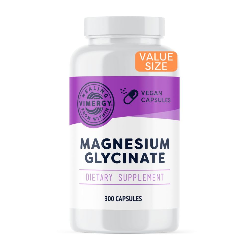 Vimergy Magnesium Glycinate – Stress Support – Chelated to avoid Tummy Upset*– Promueve la salud cardíaca y la energía*– Kosher, Vegan Gluten-Free – 300 Caps