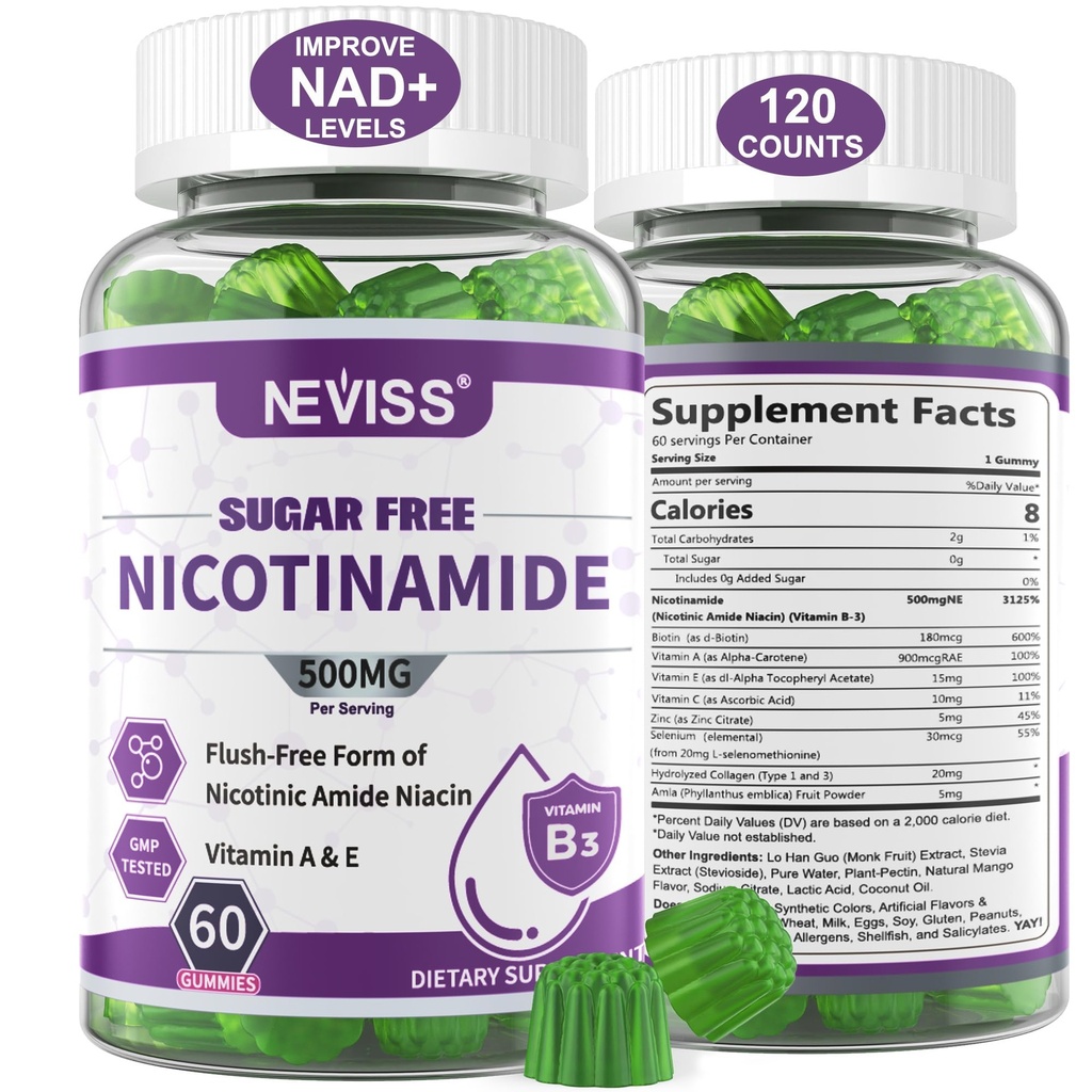 Sugar Free Nicotinamide 500mg Gummies, (Flush Free Niacin) Vitamina B3 Niacinamide Suplemento para la energía celular Metabolismo " Reparación, Vitalidad, Envejecimiento saludable, Sabor de arándano, Fácil de Chew, 120 Cts