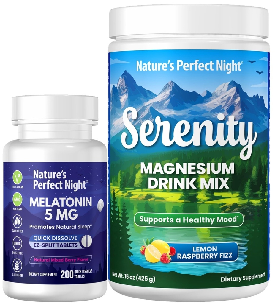 La noche perfecta Melatonina 5 mg de disuelve rápido mezclado de baya 200 cuentan con polvo de magnesio de serenidad 15 oz de limón