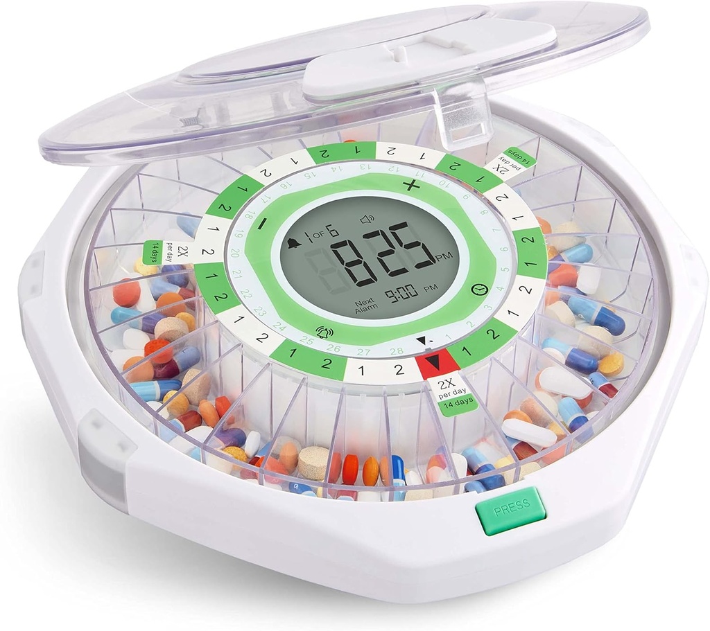 Dispensador automático de píldoras en vivo de 28 días con pantalla LCD actualizada y bloqueo clave, sonido " luz para las recetas, medicamentos, vitaminas, suplementos "