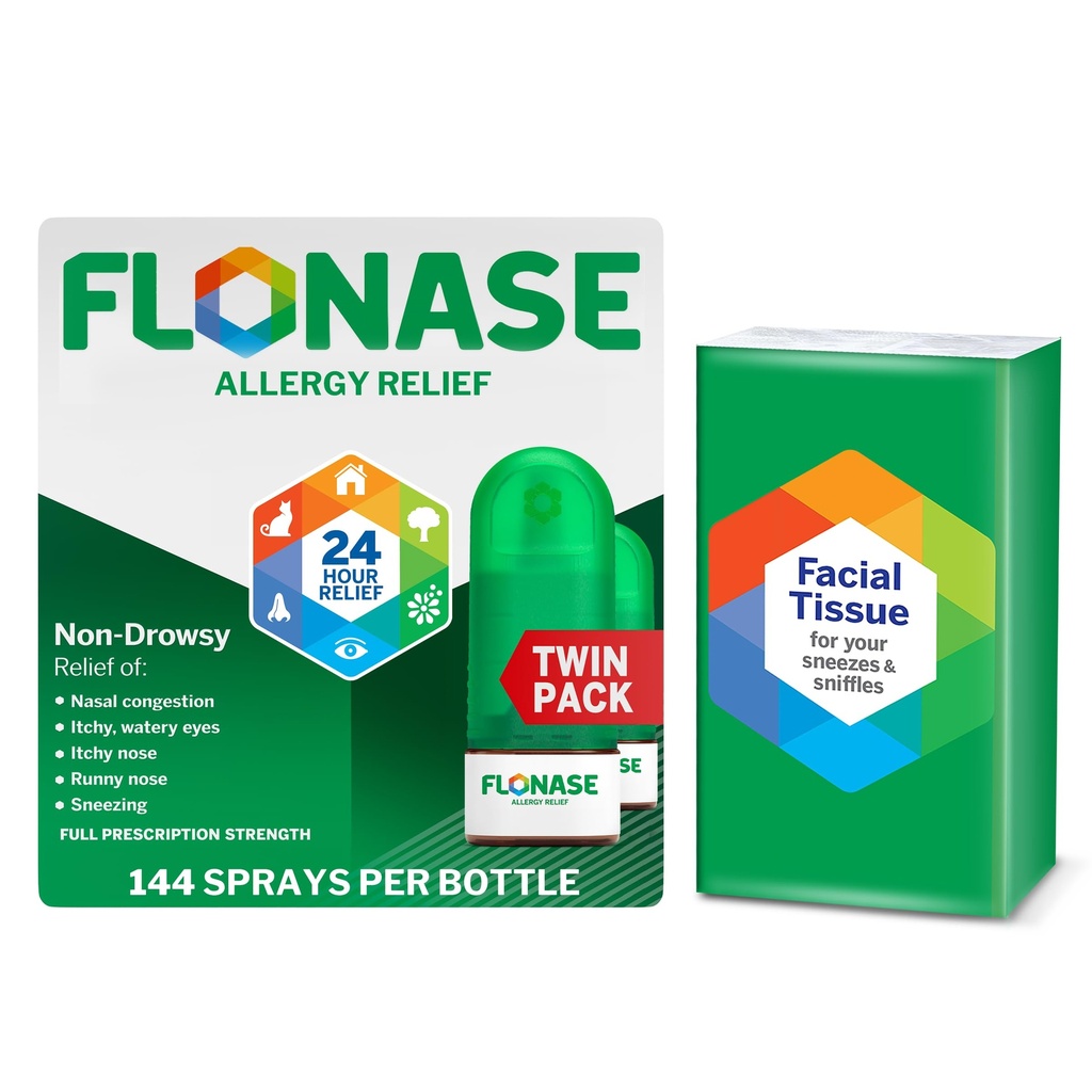 Flonase Alivio de la Alergia Nasal Spray, 24 horas Alivio Multi-Síntoma no Hornos – 144 Sprays (Pack of 2) más Bonus Pack of Tissues