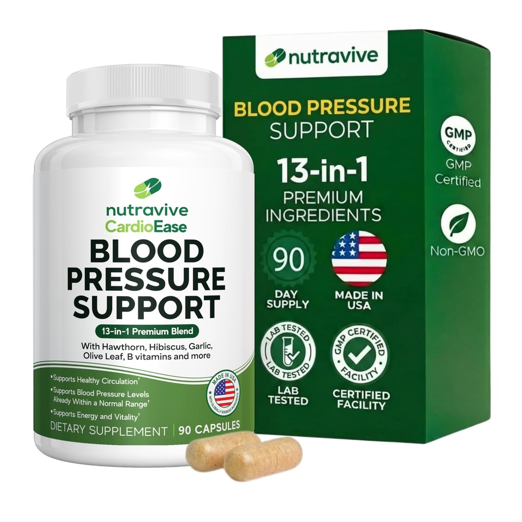 Nutravive Blood Pressure Support Supplement – Natural Heart " Circulation Support with Hawthorn, Garlic, Olive Leaf, Hibiscus " B12 – USA Made, GMP Facility - 90 Capsules