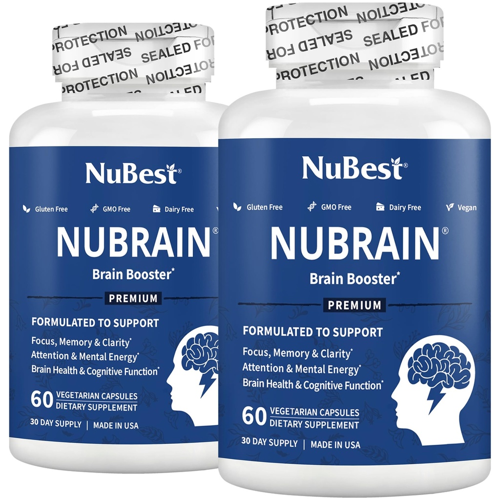 NuBrain Booster - Suplemento Cerebro para Booster de Cerebro, Memoria, Focus &amp; Clarity Support with St. John’s Wort, Ginkgo Biloba, Bacopa &amp; More ← Pack 2