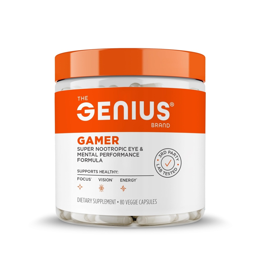 Genius Gamer, Gaming Focus Supplement, 80 Pills - Elite Nootropic Performance Booster - Boost Brain ' Mental Clarity, Reaction Time & Concentration - Blue Light Support with Lutemax