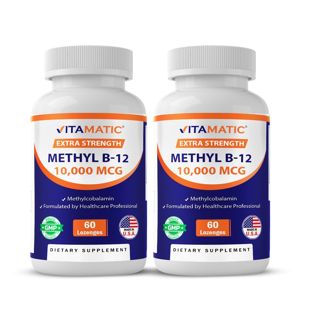 Vitamatic Methyl Vitamin B12 (Methylcobalamin) 10,000 mcg (10mg) 60 Lozenges - Fuente Superior de Vitamina B12 (2 Pack)