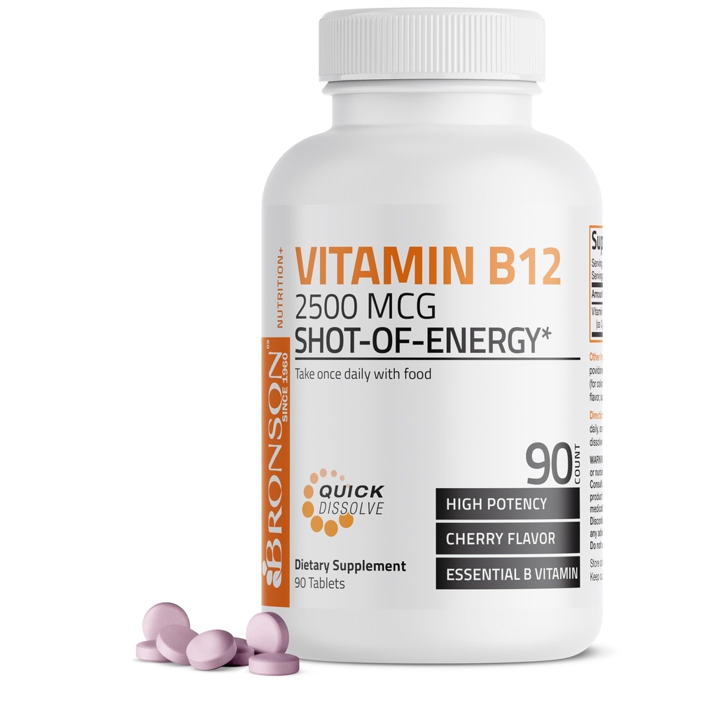 Vitamina B12 2500mcg Shot Of Energy Fast Dissolve Chewable Tablets - Quick Release Cherry Flavored Sublingual B12 Vitamin - Supports Nervous System, Healthy Brain Function Energy Production – 90 Count