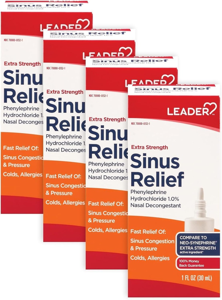 Líder Extra Strength Sinus Relief, Fast Acting, Sinus Decongestant, Nasal Congestion Relief Spray, Cold &amp; Allergy 30 mL Bottle (Pack of 4)