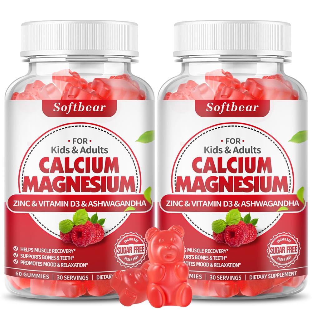 softbear Calcio Magnesio Zinc Gummies para Adultos &amp; Niños, Suagr-Free Calcium Magnesium Zinc D3 Suplemento para Bone Strength & Immune Health, Raspberry Flavor 120 Conde