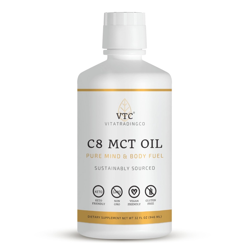 VTC VitaTradingCo. 100% Puro C8 MCT Oil ← 3X Distilled Caprylic Acid ← La grasa saludable para la energía limpia ← Sosteniblemente Fuented ← Non-GMO, Paleo, Keto tención 32oz, 64 Servings (Unflavored)