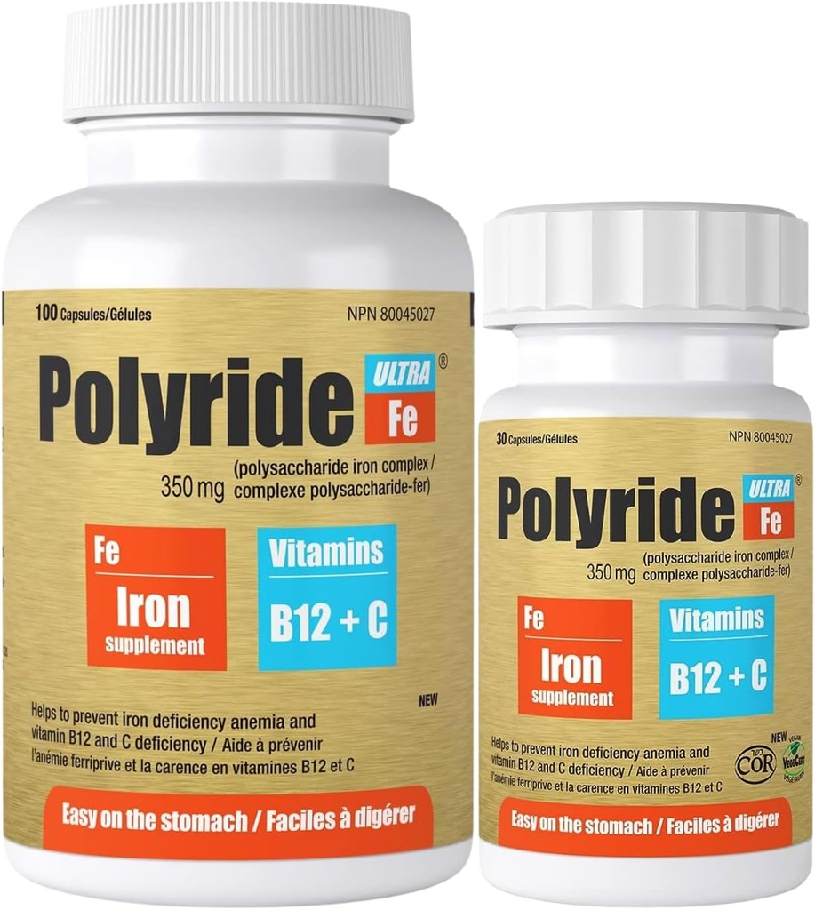 Ultra Polysaccharide Iron Suplemento Complejo 350 Mg - Energy Support with Iron - treat iron deficiencia anemia - 125 mg vitamina C y 1000 mcg Vitamina B12 - 30 cápsulas
