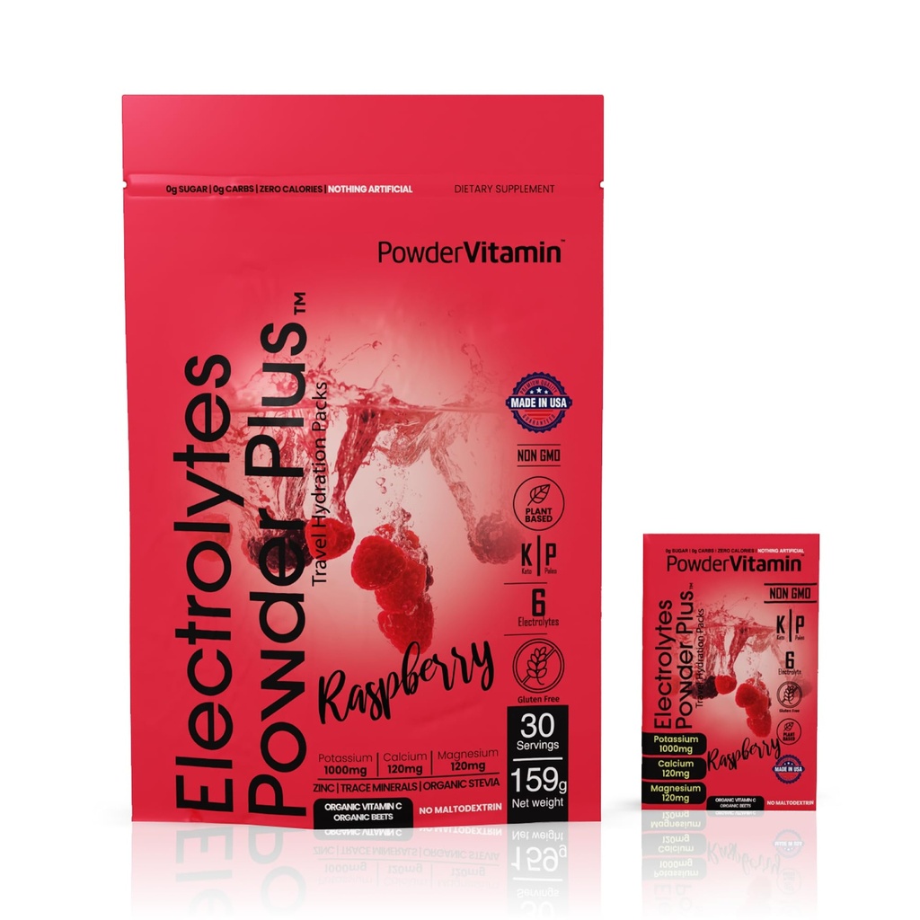 PowerVitamin Electrolytes Powder Packets - Raspberry - Keto Electrolytes for Daily Energy - Hidration Powder with 1000mg Potassium, 120mg Magnesium, Zero Calories - 30 Hydration Packets