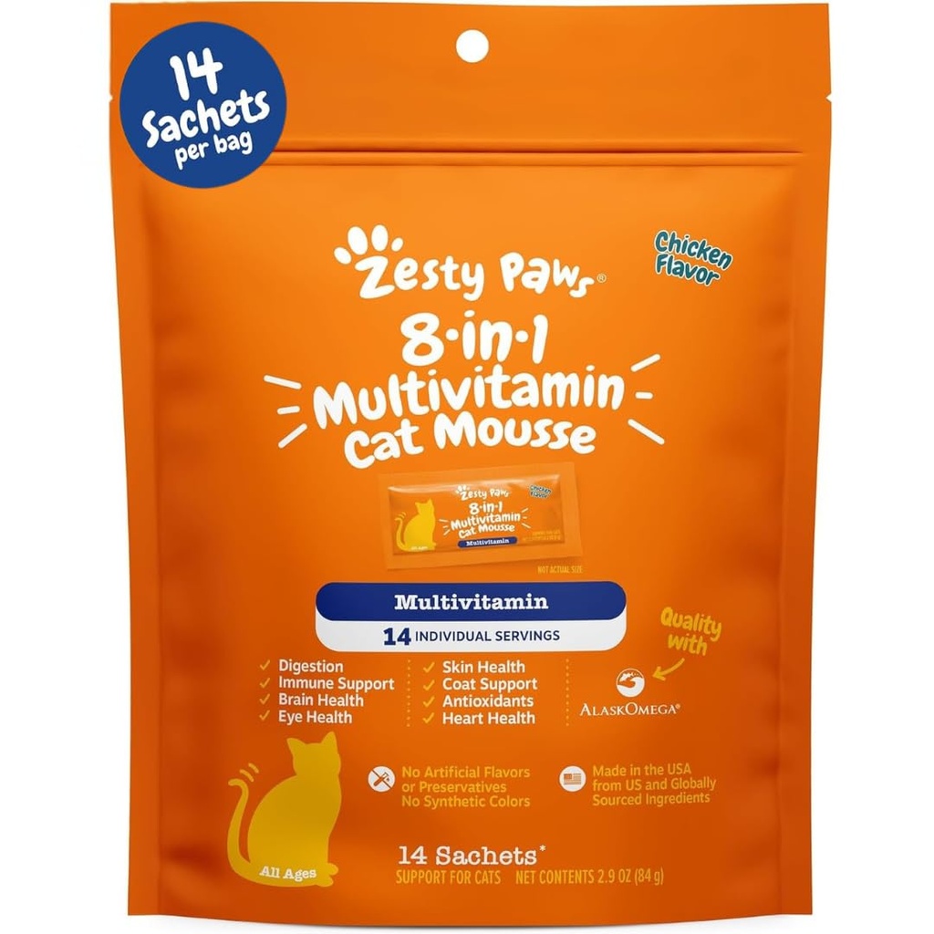 Zesty Paws 8-in-1 Multivitamina Cat Vitaminas &amp; Suplementos Mousse - Cat Vitaminas para Indoor Cats - Saludable Treat Squeeze Up for Gut, Immune, Heart, Skin & Coat Support - Chicken 14ct