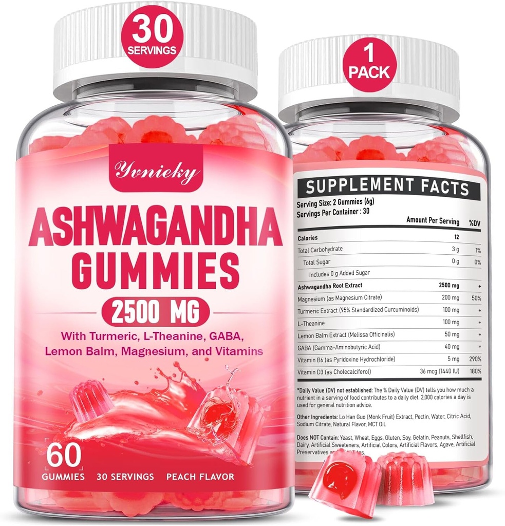 Ashwagandha Gummies 2500mg for Women &amp; Men: Ashwagandha Suplemento Gummy Extra Strength with Turmeric, Vitamin D3, L-Theanine, Magnesium - Gummies llenas, Flavor de fresa, Vegan, Non-GMO
