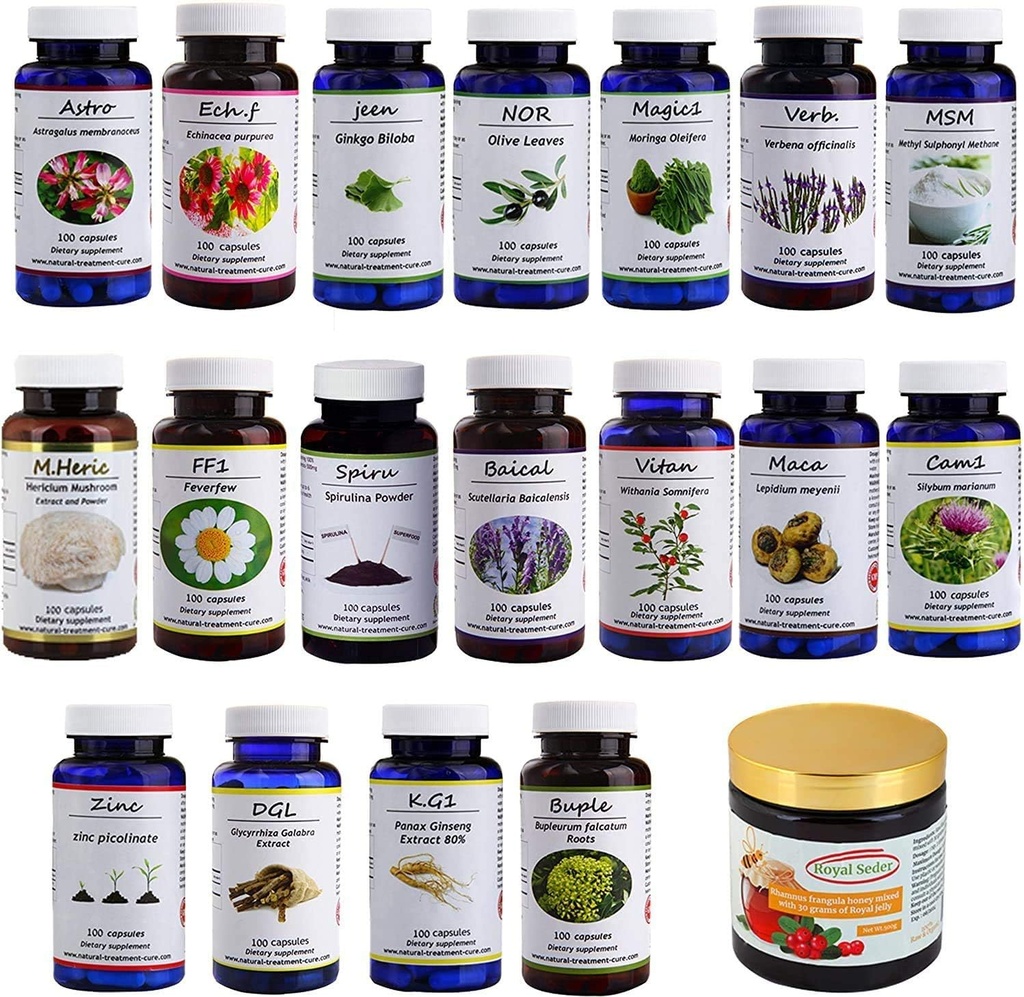 Hekma Center Supplements Package for MS - 18 Medicinal Herbs & Sidr Honey with Royal Jelly - 100% Natural, Puro Orgánico - Vegan - Suplementos para M.S