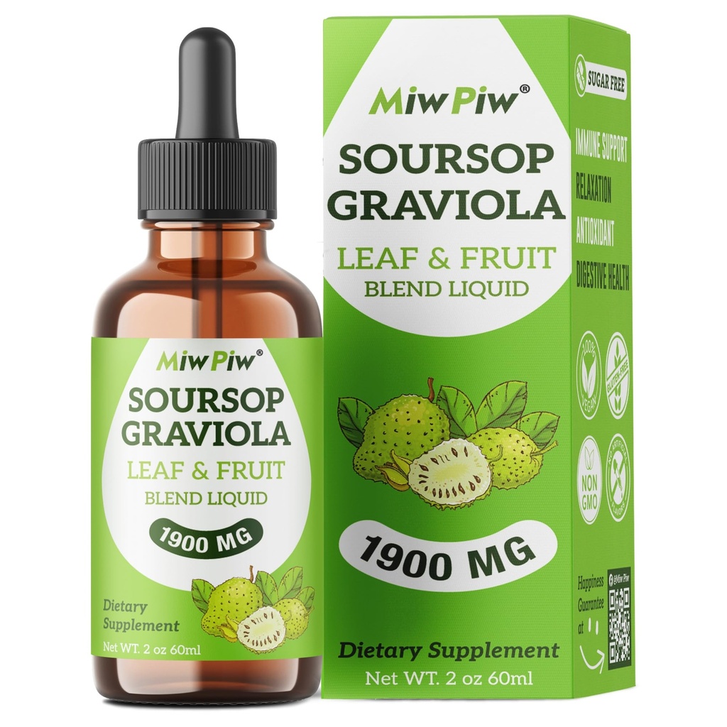 Soursop Graviola Liquid Drops 1900MG 2Fl Oz, Soursop Bitter Leaf Extract Suplementos, Sleep Relax Support and Immune Boost - Sugar Free, Natural Flavor, Herbal Goodness