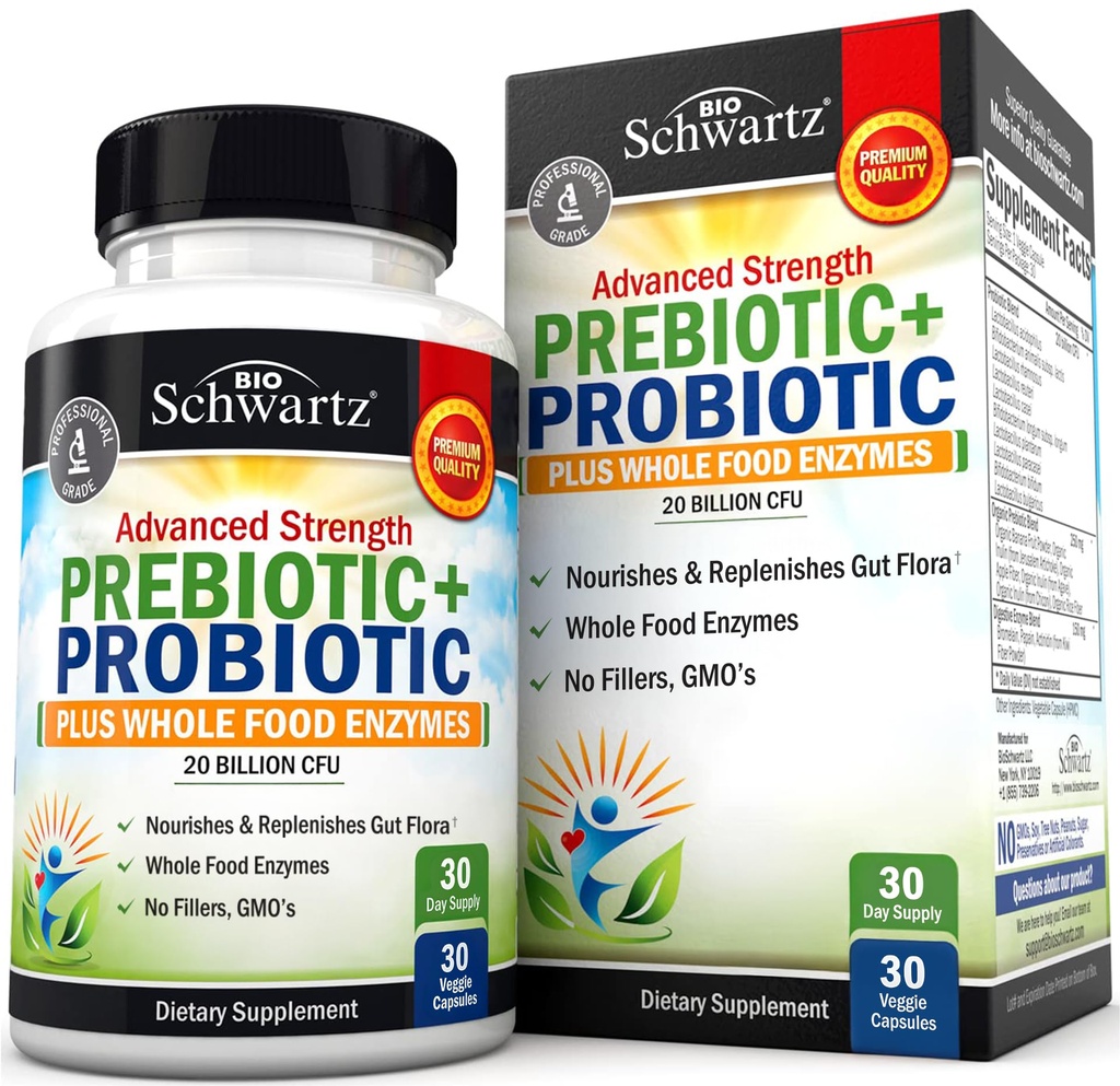 Prebióticos avanzados y Probióticos para Hombres Mujer, Inmune, Digestivo " Salud Gut con L. Reuteri, Fibra Inulina, Enzimas Digestivos, No GMO, Libre de gluten, Libre de lácteos, 30 cápsulas