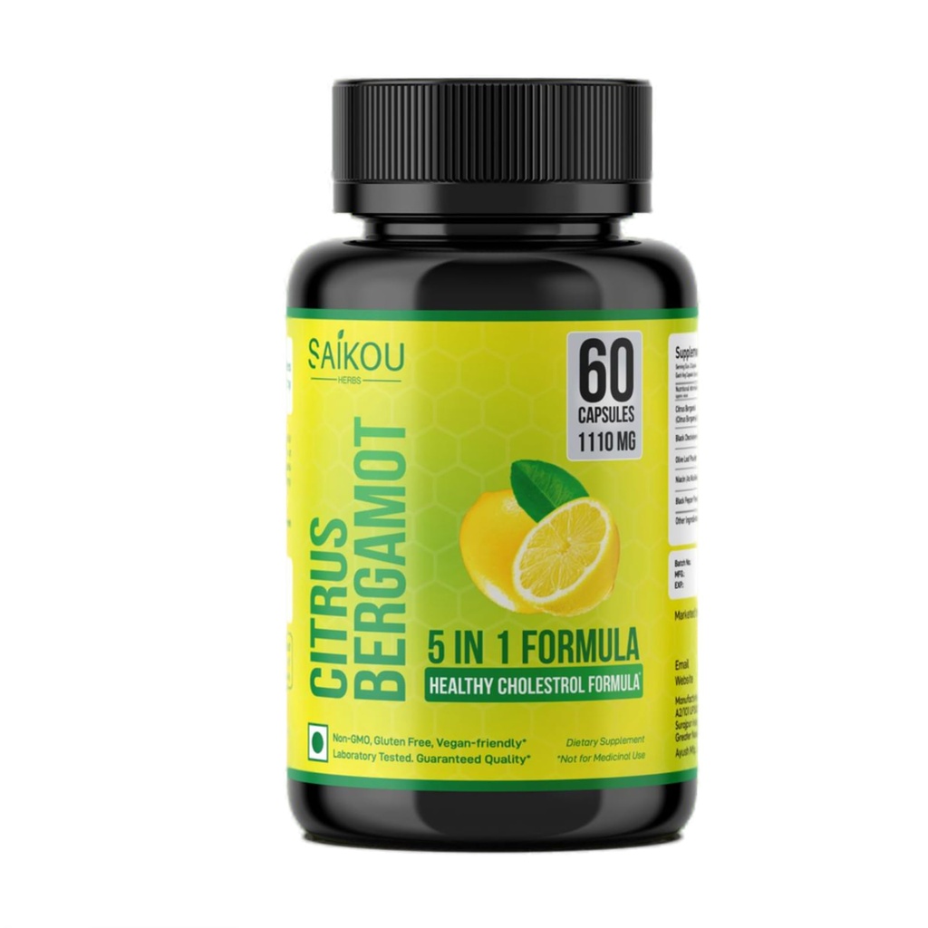 Citrus Bergamot 1110mg - 25:1 Extracto - High Potency Supplement with Black Choke Berry, Niacin, Olive Leaf & Black Pepper Extract - Vegan - 60 cápsulas