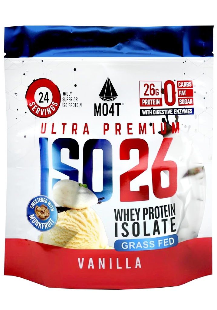 ISO26 Grass Fed Whey Protein Isolate sin edulcorantes artificiales. Naturalmente endulzado con fruta de monje, 1,6 libras, 24 servidumbres, chocolate de leche (Iso 26 vainilla de bolsa)