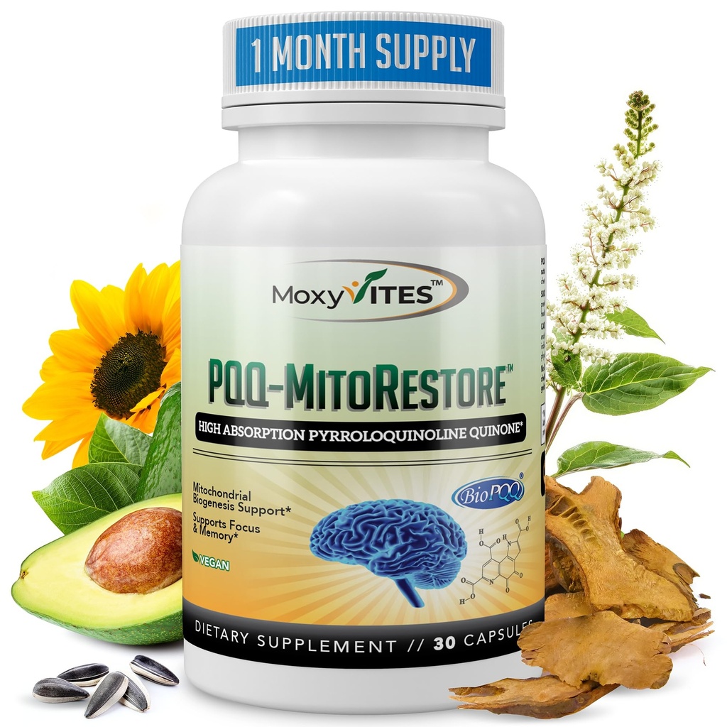 PQ MITORESTORE Brain Supplements for Memory and Focus - Mitochondria Supplement with BioPQQ 20mg - Formulario puro NO Químicamente Sintetizado, Cognitivo y Heart Support - 30 Vegan Capsules, Non GMO
