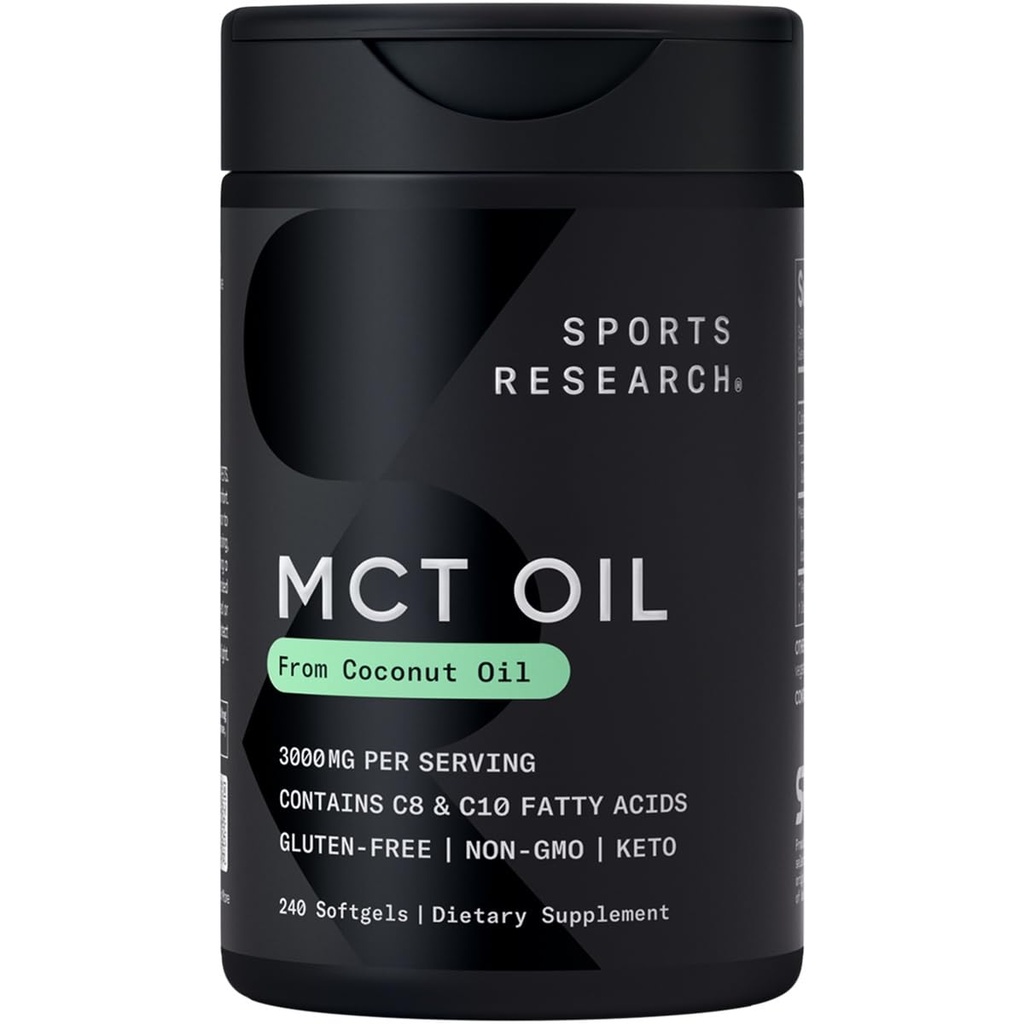Investigación Deportiva Keto MCT Píldoras de aceite de coco ← Keto Fuel para el cerebro " Cuerpo - no GMO Verificado, Soy " Gluten Free Liquid Softgels (240 Conde)