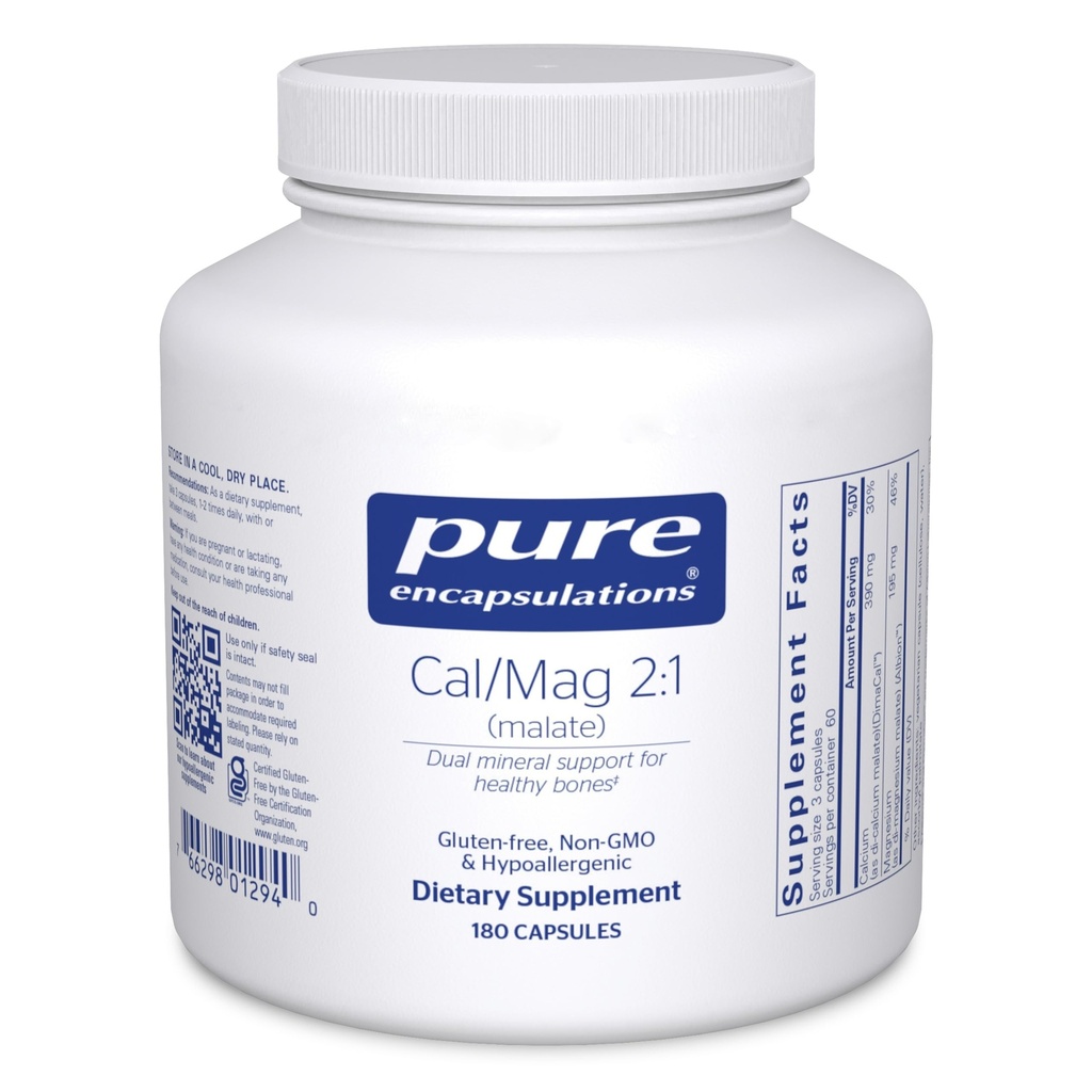 Encapsulaciones puras Cal/Mag (Malato) 2:1 - Calcio &amp; Magnesio (Malato) - Suplemento de salud ósea* - Absorción óptima - Vegan & Gluten Gratis - 180 cápsulas