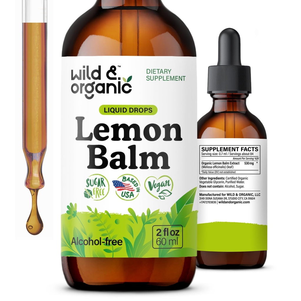 Wild &amp; Organic Lemon Balm Drops - Relaxing Lemon Balm Leaf Extract Suplemento - Calming Melissa Officinalis Tincture - Vegan, Azúcar &amp; Alcohol-Free - 2 fl oz