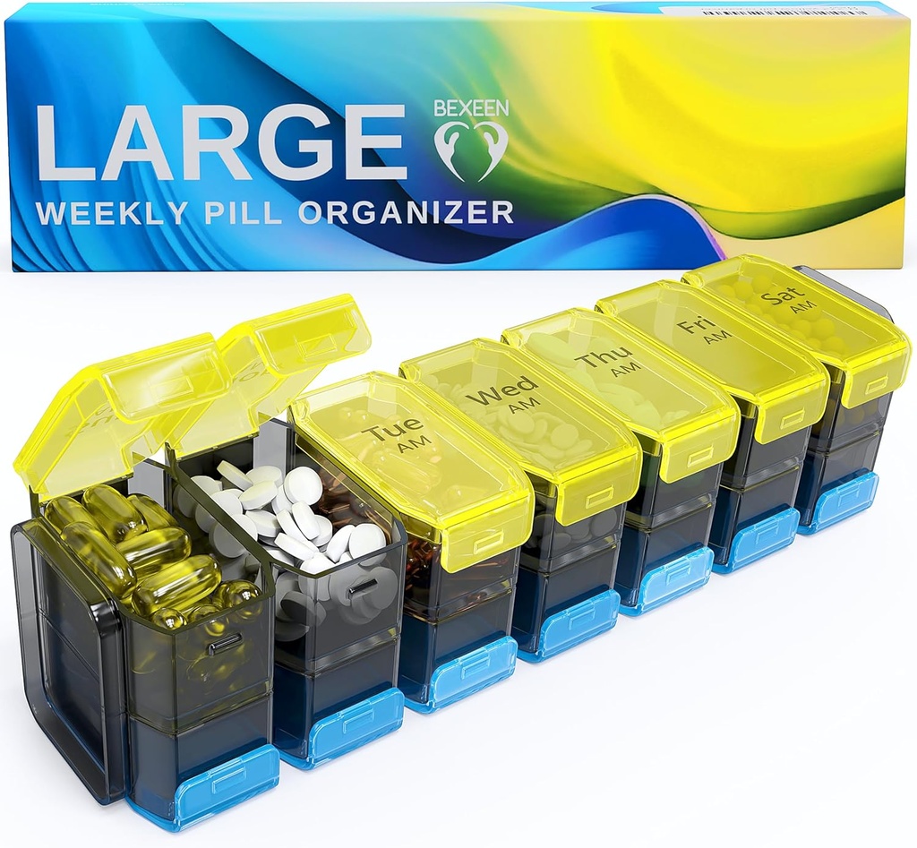 Extra Large Pill Organizer 2 veces al día – XL Pill Box 7 Día con grandes compartamentos AM/PM – Fita grandes vitaminas, suplementos y gomas, para uso de 7 o 14 días, coloreado, de alta definición, sin especias
