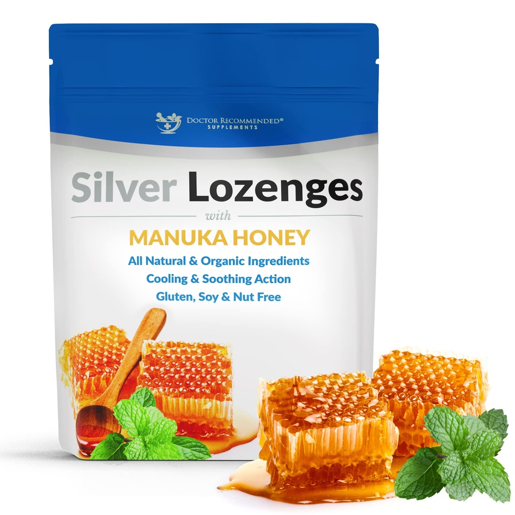 Lozenges de plata con miel de manuka orgánica y vitamina C - Nano todo natural plata 45-50mg de 60 PPM Colloidal Plata Mineral gotas para soportar el sistema inmunológico, calmar, tos fresca y garganta, 24-Lozenges