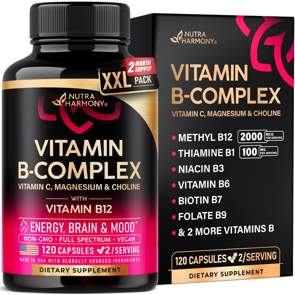 Complejo de vitamina B para hombres y mujeres - Hecho en EE.UU. - B-Complejo: B1, B2, B3, B5, B7, B8, B9, B12 con vitamina C, Choline, Inositol - Energy, Brain &amp; Heart Support Suplemento, 120 cápsulas Vegan