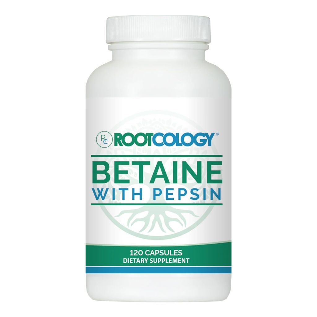 Rootcology by Dr. Izabella Wentz ANTE Betaine with Pepsin TEN 750mg Betaine HCl with 50mg Pepsin for Digestion Support ← 120 Capsules
