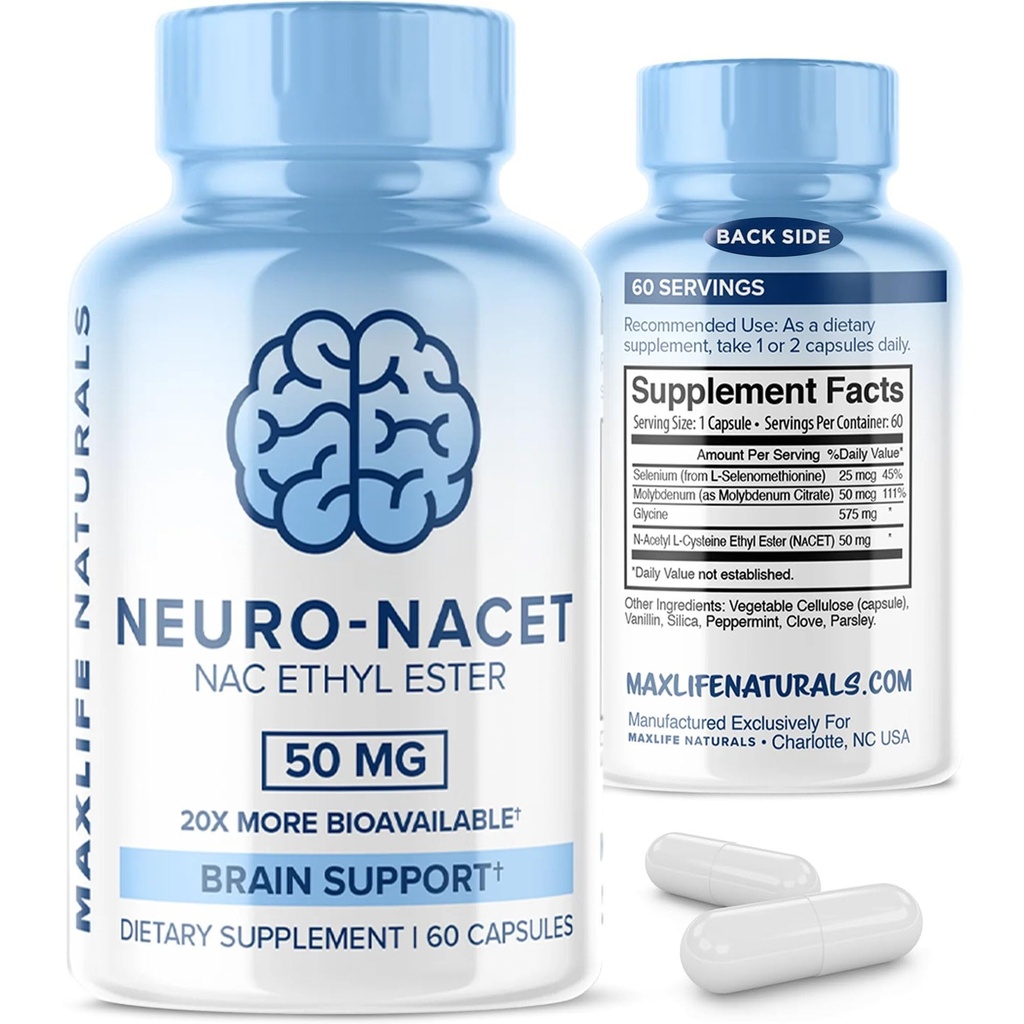 MaxLife Naturals Neuro NACET N-Acetyl L-Cysteine – 60 cápsulas, 20x Más Bioavailable Glycine NAC Suplemento N-Acetil Cysteine Ethyl Ester con Selenium, 10x Glutathione Boost for Brain &amp; Lung Support