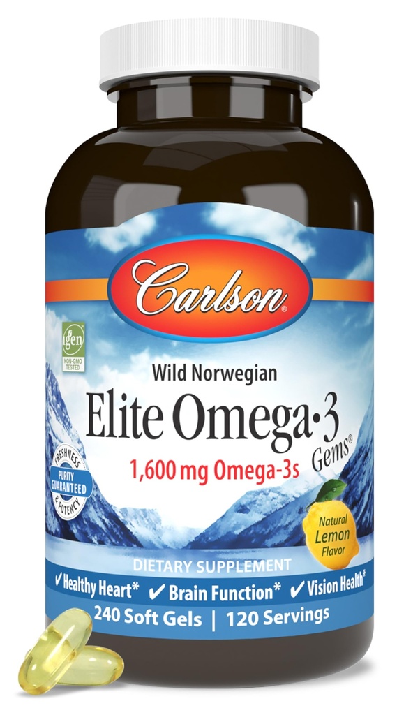 Carlson Elite Omega-3 Gems, 1600 mg Omega-3 con EPA & DHA, Lemon Flavor, 240 Softgels – Wild-Caught Norwegian Fish Oil, Sustentably Sourced