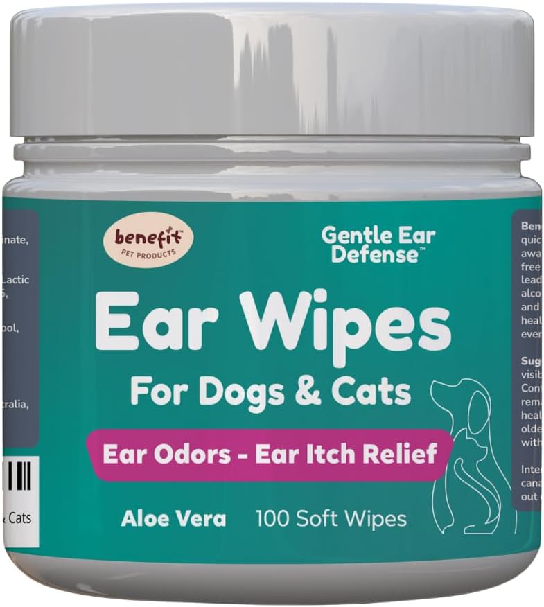 Beneficio Productos para Mascotas Perro Uvas - Limpiador de oídos para perros para prevenir infecciones, picazón " Odor - Aloe " Eucalyptus, Esposas de baño - 100 Cuenta