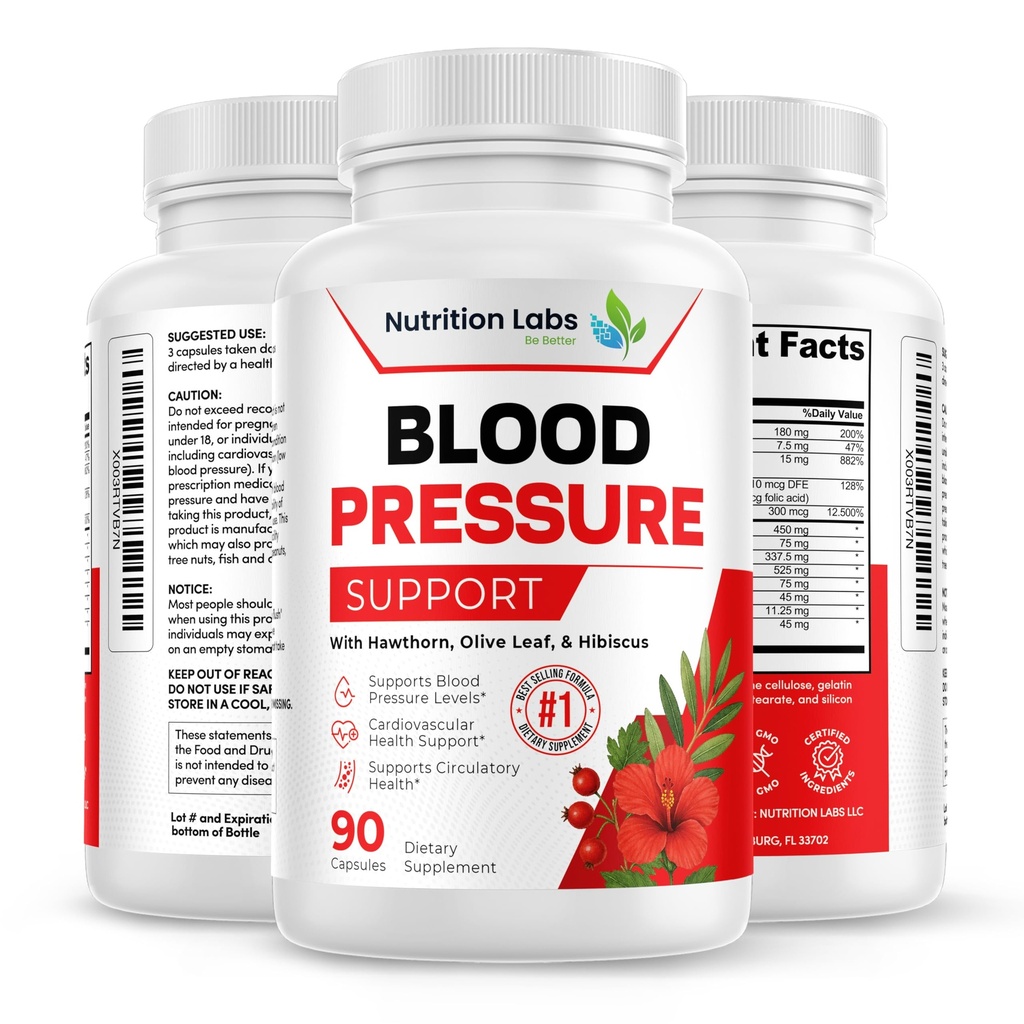 Apoyo a la presión sanguínea " Suplemento cardiovascular de salud cardíaca W/Hawthorn, Hibiscus. Nitric Oxide Support for Normal Blood Pressure Support W/Vitamin B12 &amp; Folic Acid. Suplementos de ajo. 90 TC