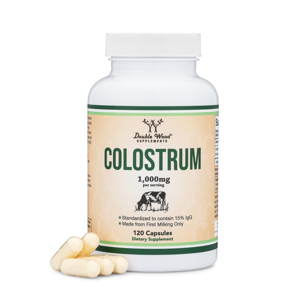 Colostrum Suplemento 120 cápsulas, 1.000 mg por servicio (Bovine Colostrum Powder de First Milking Only, Std. to Contain 15% IgG Inmunoglobulinas) No Fillers, Tercera Parte Probada por Madera Doble