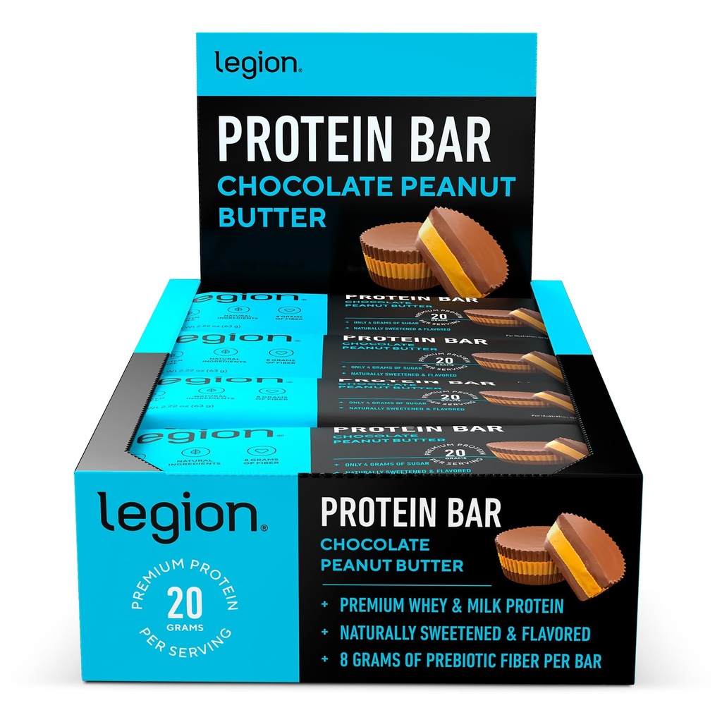 Legion Protein Bar Chocolate Peanut Butter -100% Whey Protein, Bares horneados con fibra prebiótica - High Protein (20g) Bajo grasa (12g) Bajo azúcar (4g), No Soy, Gluten - Sabores naturales (12 conde)