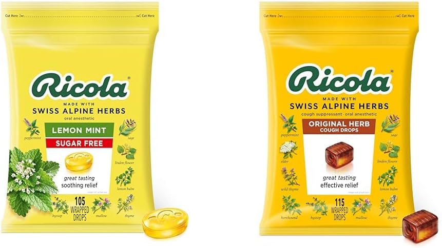 Ricola Sugar Free Lemon Mint Herbal Cough Suppressant Throat Drops, 105ct Bag & Original Natural Herb Cough Drops, 115 Conde, Cough Suppressant & Throat Relieving Drops